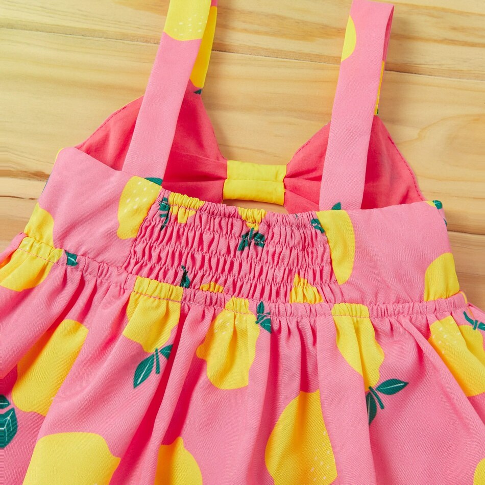 PatPat 2021 New Arrival Summer 2-Pack Baby Lemon Print Strappy Dresses with Headband Set for 3-24M Baby Girl Clothes
