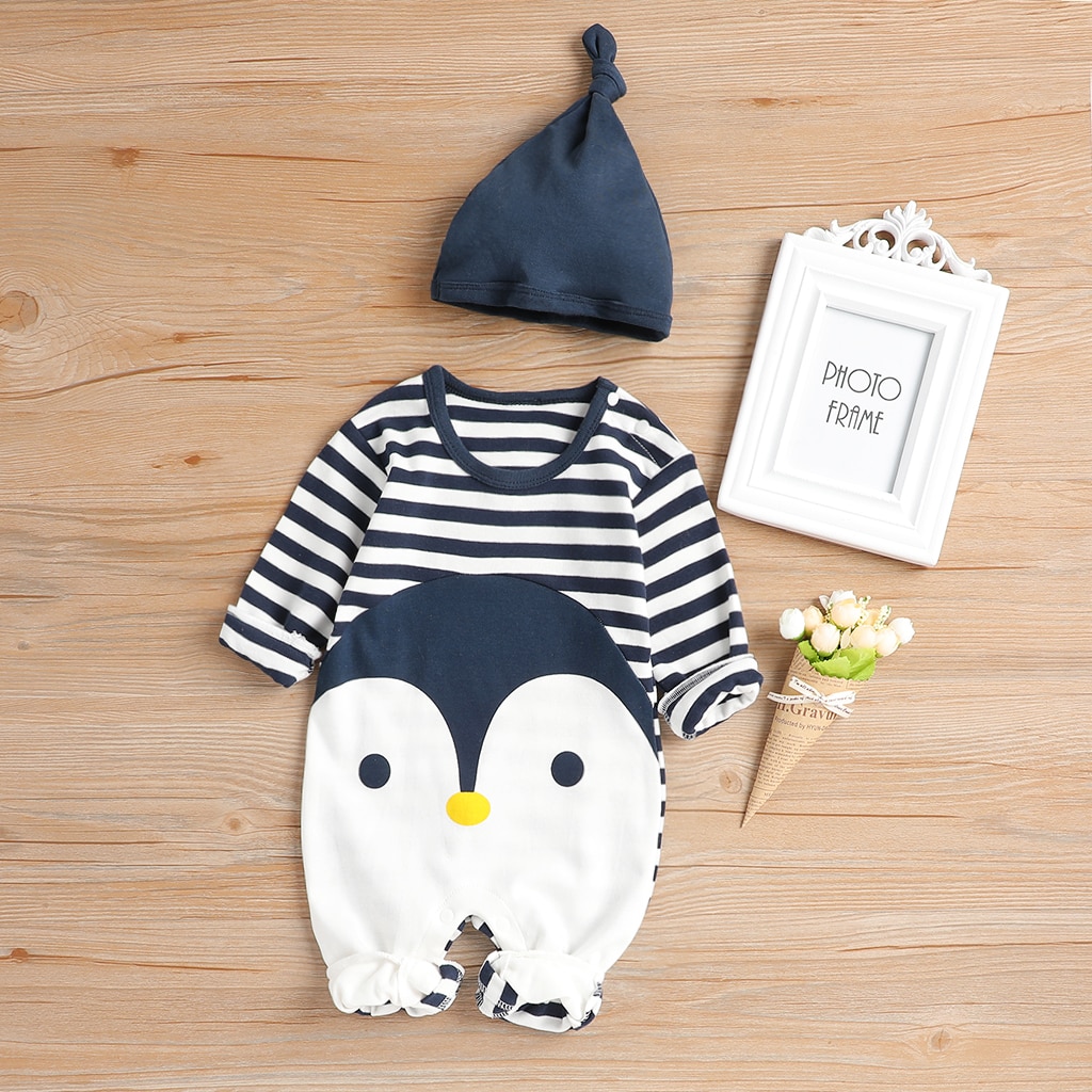 PatPat 2020 Spring Autumn Cotton Casual Newborn Striped Penguin Print Long Sleeve Jumpsuit Hat Set for Baby Dark Blue Crawler