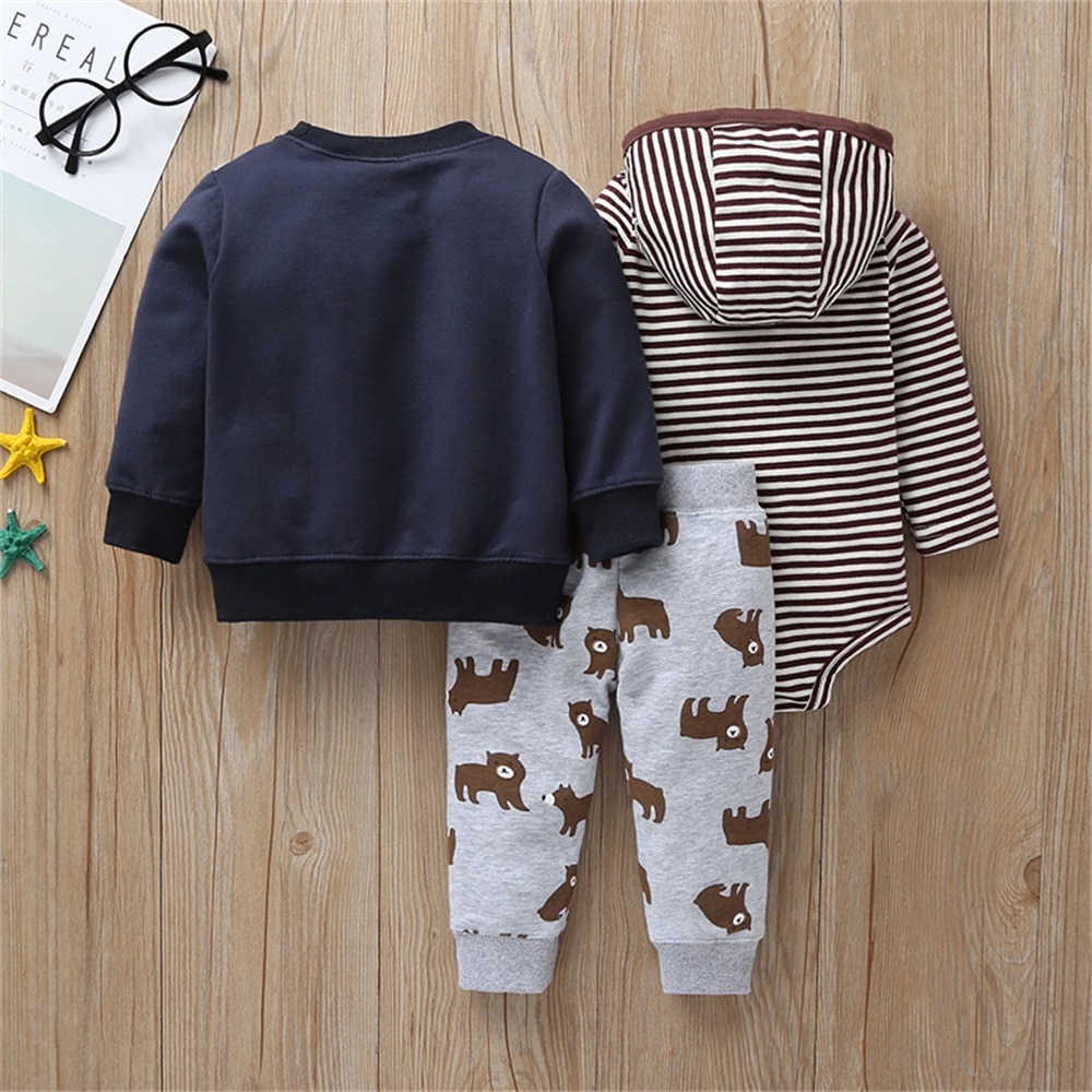 PatPat 3pcs Bear and Stripe Long-sleeve Baby Set