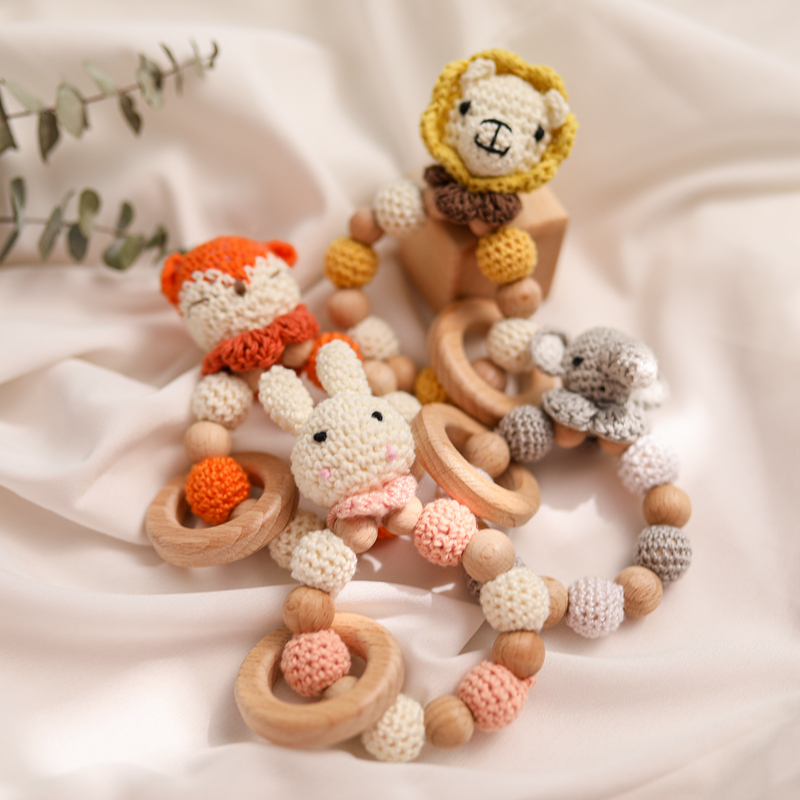 2-piece Crocheted Baby Rattle and Wooden Bracelet Set