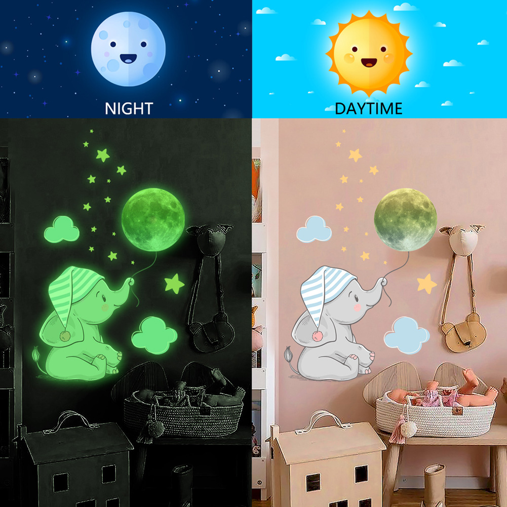 Baby Elephant & Moon: Luminous Wall Sticker For Kids Room