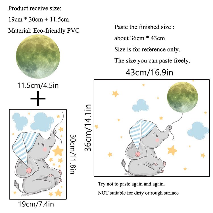 Baby Elephant Moon Luminous Wall Sticker For Baby Kids Room Bedroom Home Decoration Decals Glow In The Dark Combination Stickers