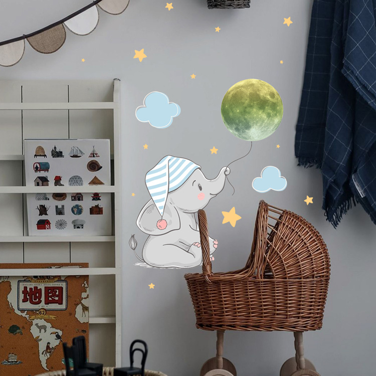 Baby Elephant Moon Luminous Wall Sticker For Baby Kids Room Bedroom Home Decoration Decals Glow In The Dark Combination Stickers