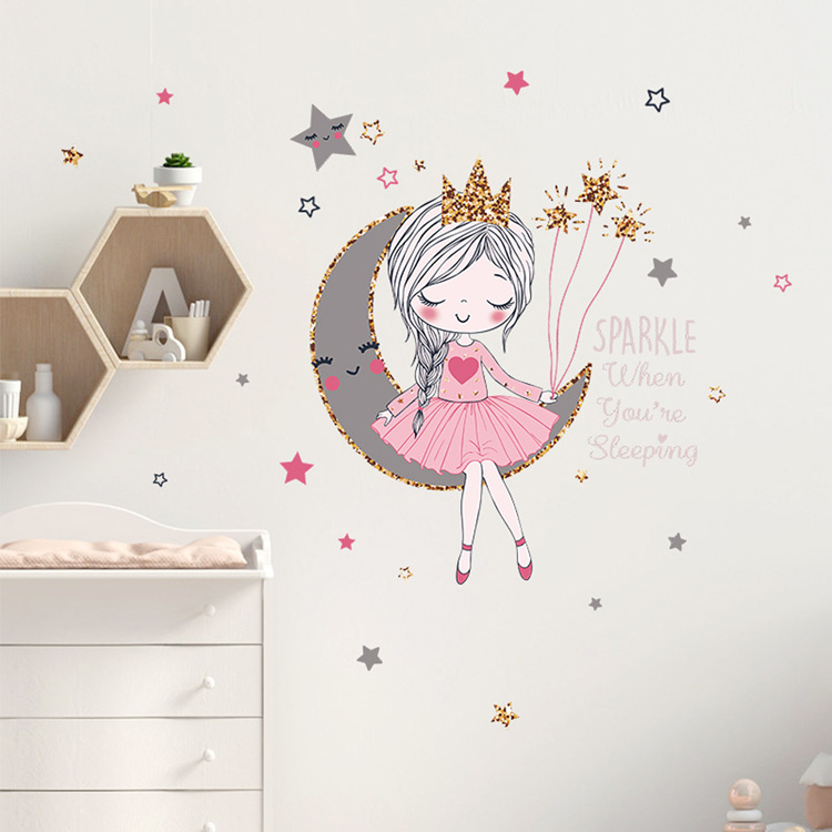 Princess on the moon wall sticker Girls room bedroom decor wallpaper living room for home decoration beautiful Cartoons stickers