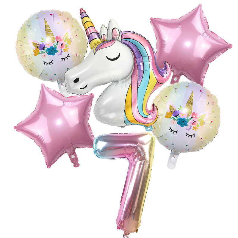 6pcs Rainbow Unicorn Balloon 32 inch Number Foil Balloons 1st Kids Unicorn Theme Birthday Party Decorations Baby Shower Globos