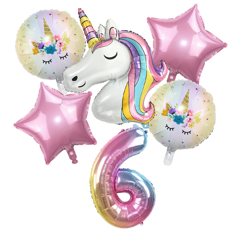 6pcs Rainbow Unicorn Balloon 32 inch Number Foil Balloons 1st Kids Unicorn Theme Birthday Party Decorations Baby Shower Globos